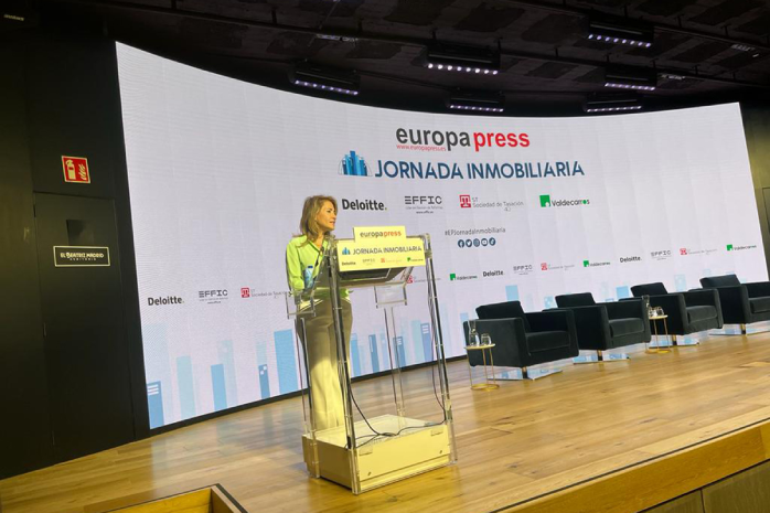 La ministra de Transportes, Movilidad y Agenda Urbana, Raquel Sánchez,  en la jornada inmobiliaria 'Transformación y Oportunidades del Sector Inmobiliario'