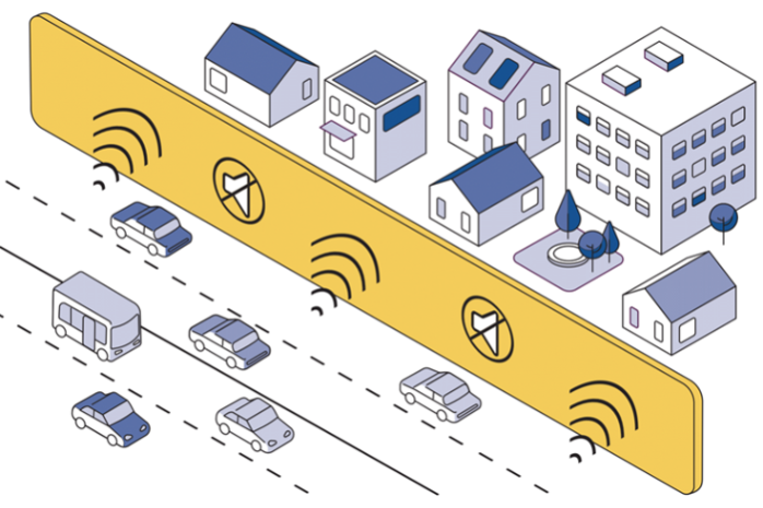 recreación gráfica de una pantalla aislante de sonido en una autovía