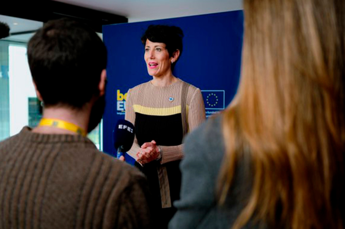 La ministra de Inclusión, Seguridad Social y Migraciones, Elma Saiz, en la Conferencia de Alto Nivel del Pilar Europeo de Derechos Sociales celebrada en La Hulpe (Bélgica).