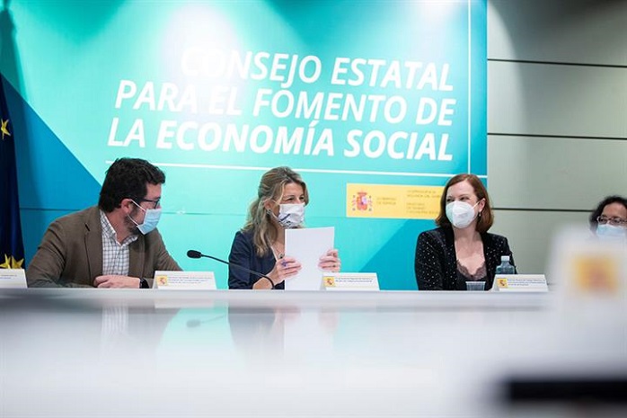 La vicepresidenta segunda del Gobierno y ministra de Trabajo y Economía Social, Yolanda Díaz, durante la clausura en Madrid del acto de constitución del Consejo Estatal para el Fomento de la Economía Social