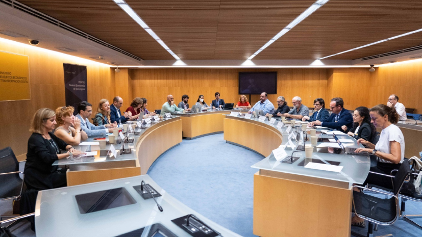 Los participantes en la tercera reunión del grupo de trabajo del PERTE de la Lengua sentados alrededor de la mesa de trabajo durante el encuentro