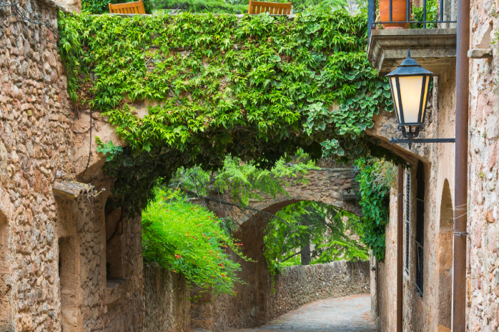 Calle de un pueblo con casas de piedra