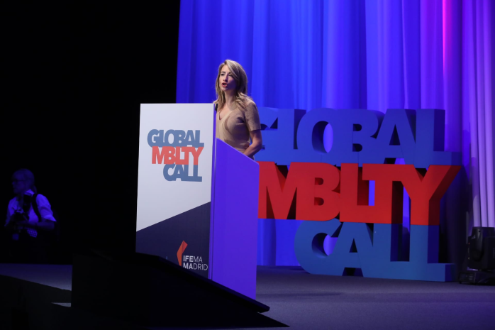 La ministra de Transportes, Movilidad y Agenda Urbana (Mitma), Raquel Sánchez, durante su intervención en la primera edición del Global Mobility Call