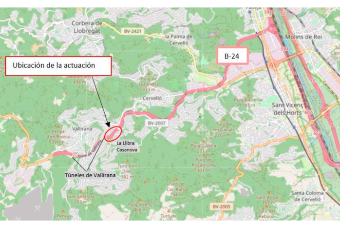 obras para mitigar el ruido a la salida este de los túneles de Vallirana de la B-24, en Barcelona