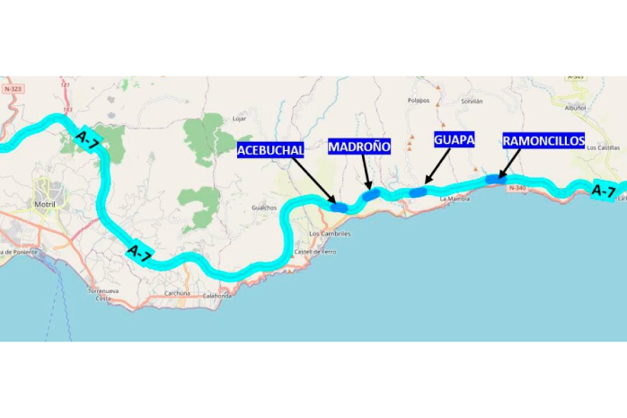 Mapa del tramo de de la autovía A-7 de Granada en el que se van a modernizar cuatro túneles