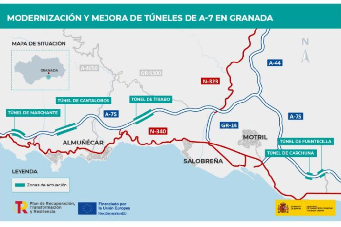 Mapa del tramo de mejora de los túneles de la A7 en la carretera de Granada