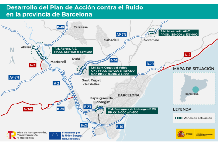 Imagen del mapa de actuaciones de protección acústica en el entorno de varios tramos de la Red de Carreteras del Estado en la provincia de Barcelona